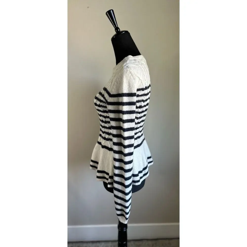 MASSIMO DUTTI Striped Cable Knit Peplum Sweater in White Size M